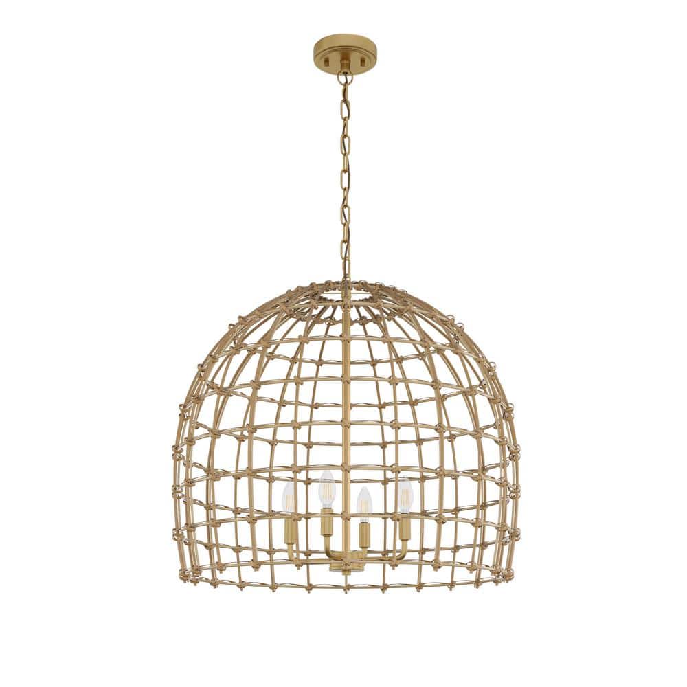 4-Light Gold Farmhouse Rattan Chandelier Handmade Woven Wicker Rustic Chand