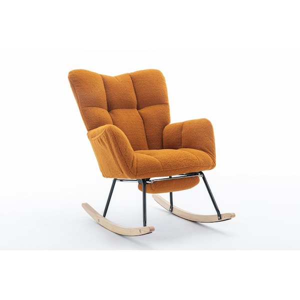 Sudzendf Orange Teddy Fabric Metal Outdoor Rocking Chair With Adjustable Footrest