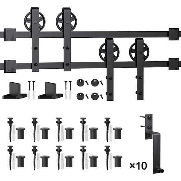 WINSOON 12 ft./144 in. Black Sliding Bypass Barn Door Hardware Track Kit for Double Doors with Non-Routed Floor Guide
