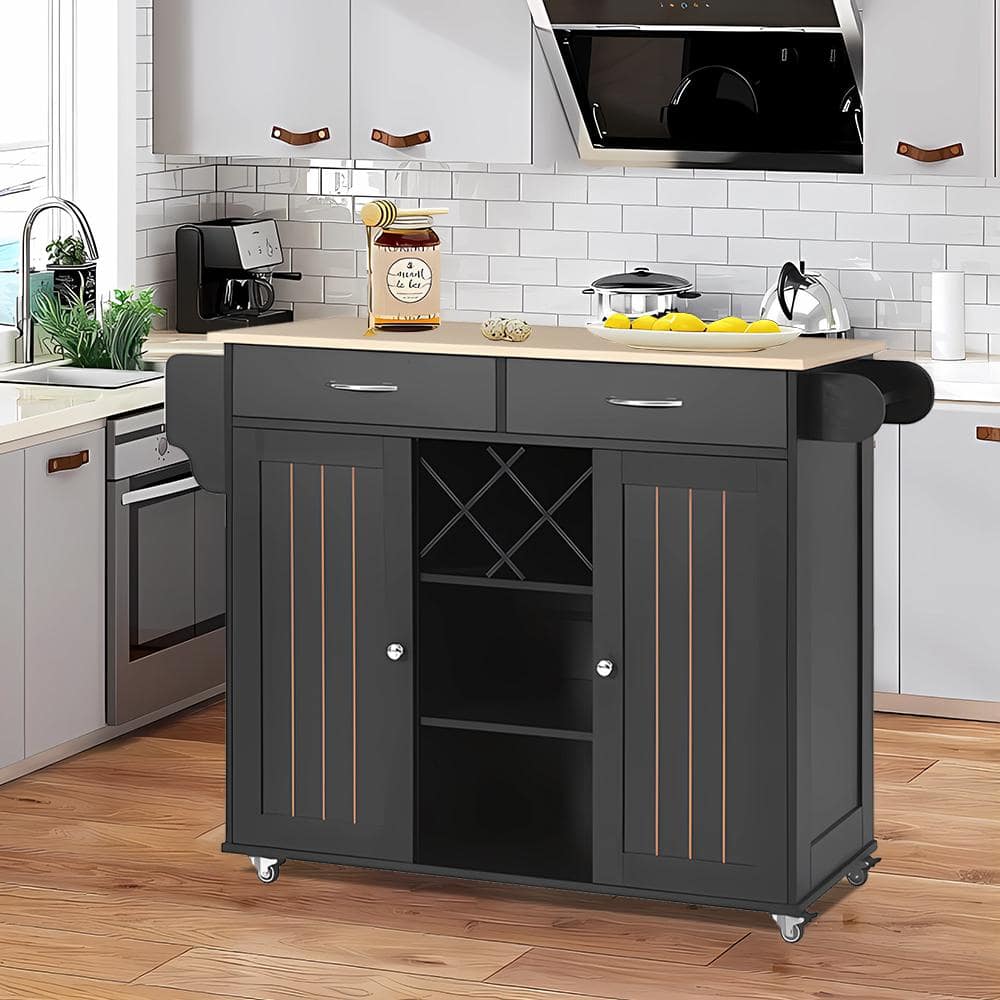 Black Rubber Wood Top 48 in. W Kitchen Island on 4Wheels with Open