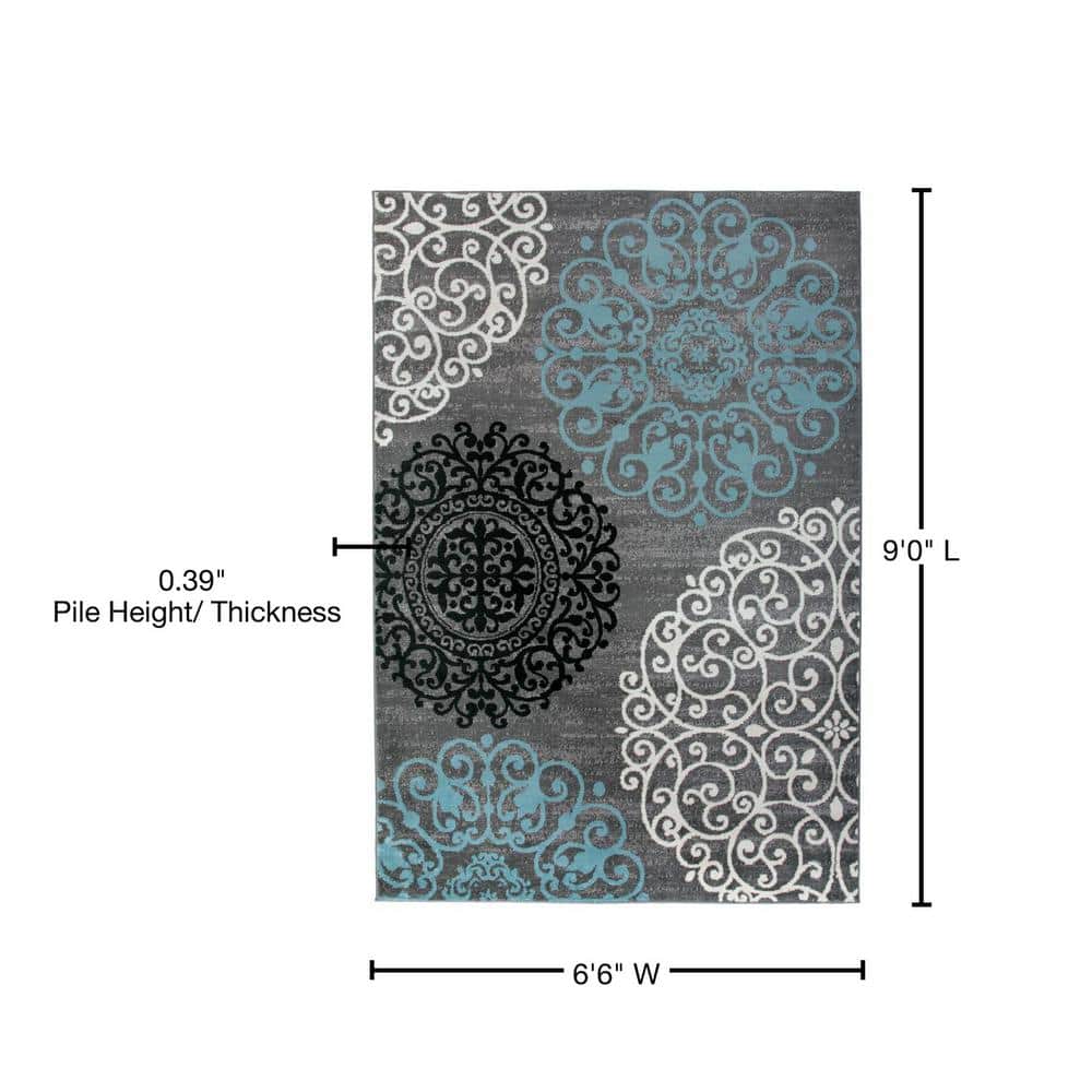 Gray and Blue Floral Synthetic Area Rug