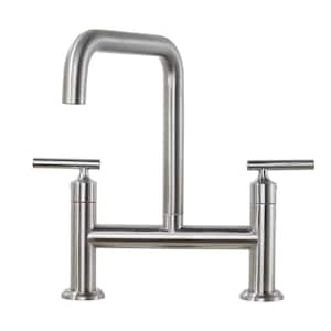 Modern Double Handle High Arc Solid Brass Bridge Kitchen Faucet in Brushed Nickel