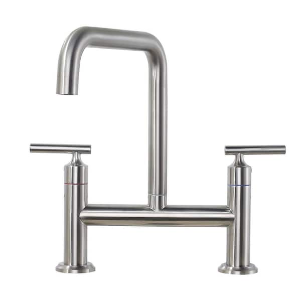 ARCORA Modern Double Handle High Arc Solid Brass Bridge Kitchen Faucet in Brushed Nickel