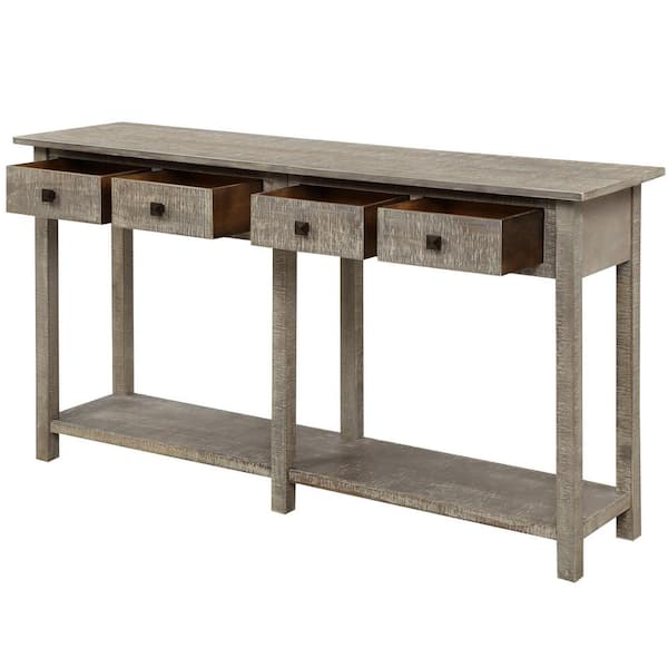 Qualfurn Rustic 59 In Rectangle Grey Wash Wood Console Table With Drawers Ctm192018e Qualfurn Rustic 59 In Rectangle Grey, Grey Rustic Console Table