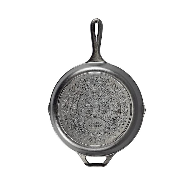 10.25 in. Cast Iron Skillet with Sugar Skull Design in Black with Pour Spout