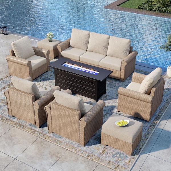 PHI VILLA 8-Piece Wicker Rectangle Patio Fire Pit Conversation Set with Beige Cushions