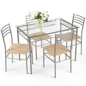 5-Piece Rectangle Glass Top Beige Bar Table Set Dining Set