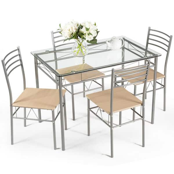 Costway 5-Piece Rectangle Glass Top Beige Bar Table Set Dining Set