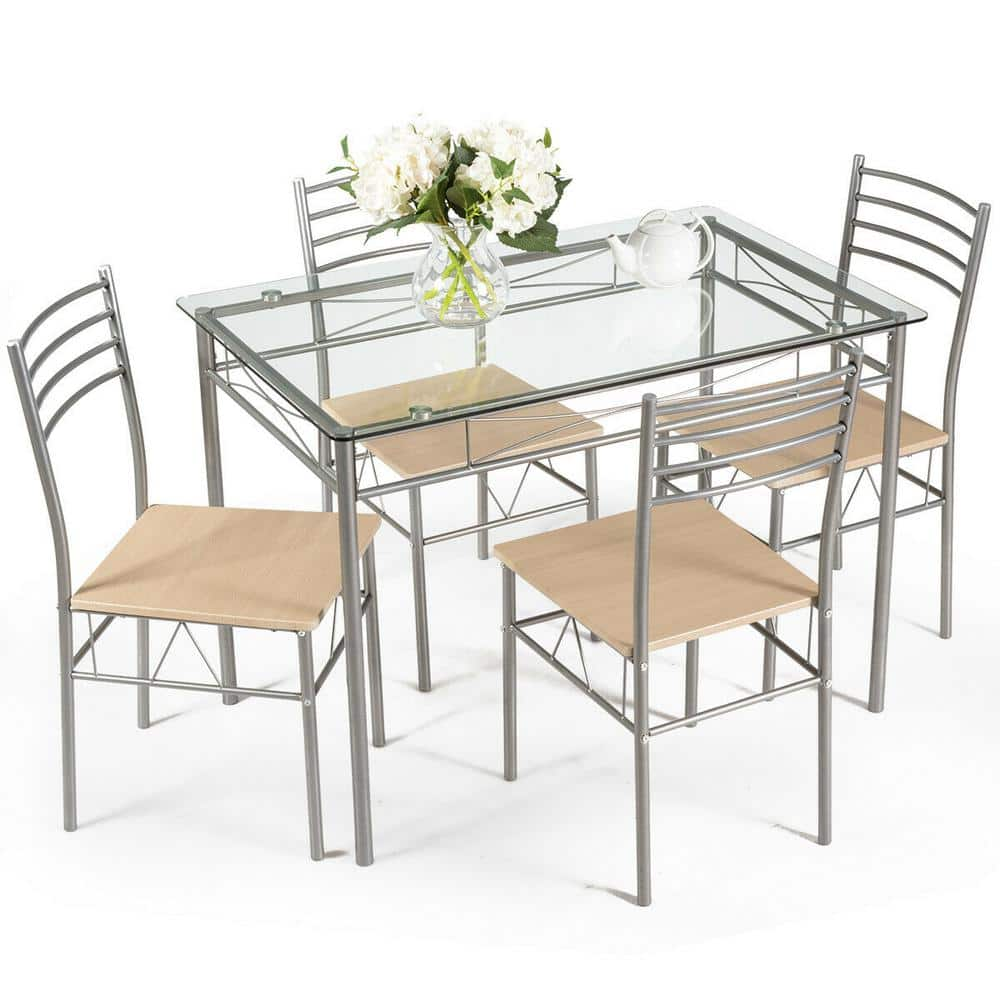 Costway 5 Piece Dining Set Table and 4 Chairs Glass Top Kitchen Breakfast Furniture Brown - Brown and Silver