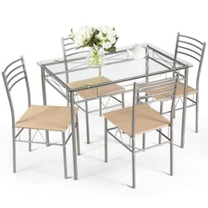 Dining Set 5-Piece Silver Table and 4 -Chairs Glass Top Kitchen Breakfast Furniture New