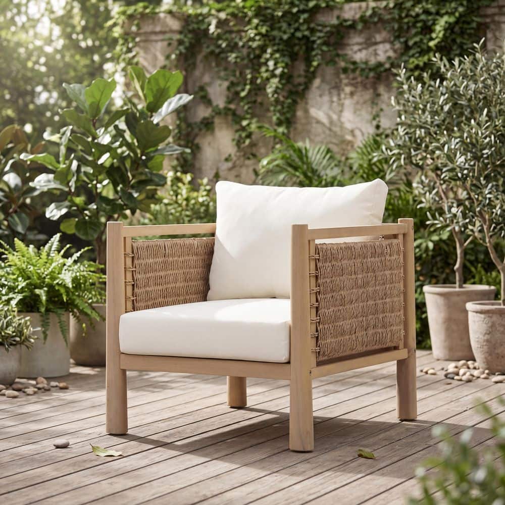 Taryn Light Brown Acacia Wood and PE Wicker Patio Outdoor Lounge Chair with Beige Cushions price history on PriceWatchPro