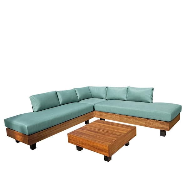 HiGreen Outdoor Alden 4-Piece Teak and Aluminum Outdoor Patio Sectional Sofa Set with Acrylic Cast Breeze Cushions and Coffee Table