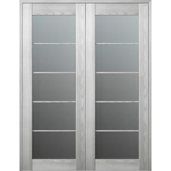 Belldinni Vona 5 Lite 72 in.x 96 in. Both Active Frosted Glass Ribeira Ash Wood Composite Double Prehung French Door