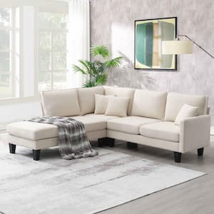 90 in. Square Arm Fabric L-shaped Sofa with Chaise Lounge in. Beige