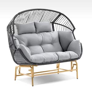 Corina Dark Gray Double Wicker Outdoor Large Glider Egg Chair with Legs and Gray Cushions