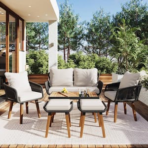 6-Piece Metal Frame Patio Conversation Set with Cool Bar Table with Ice Bucket, Two Stools and Beige Cushions