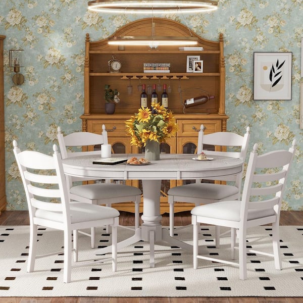 Magic Home 5-Piece 58 in. Retro Functional Extendable Leaf Dining Table Set with Rubber Wood Round Table and Dining Chairs, White