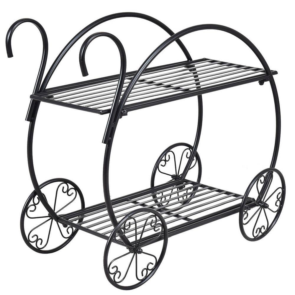25 in. Tall Indoor/Outdoor Black Metal Plant Stand Heavy-Duty Flower Cart (