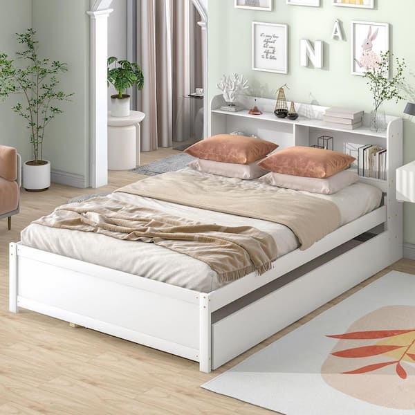 White Wood Frame Full Size Platform Bed with Trundle and Bookcase
