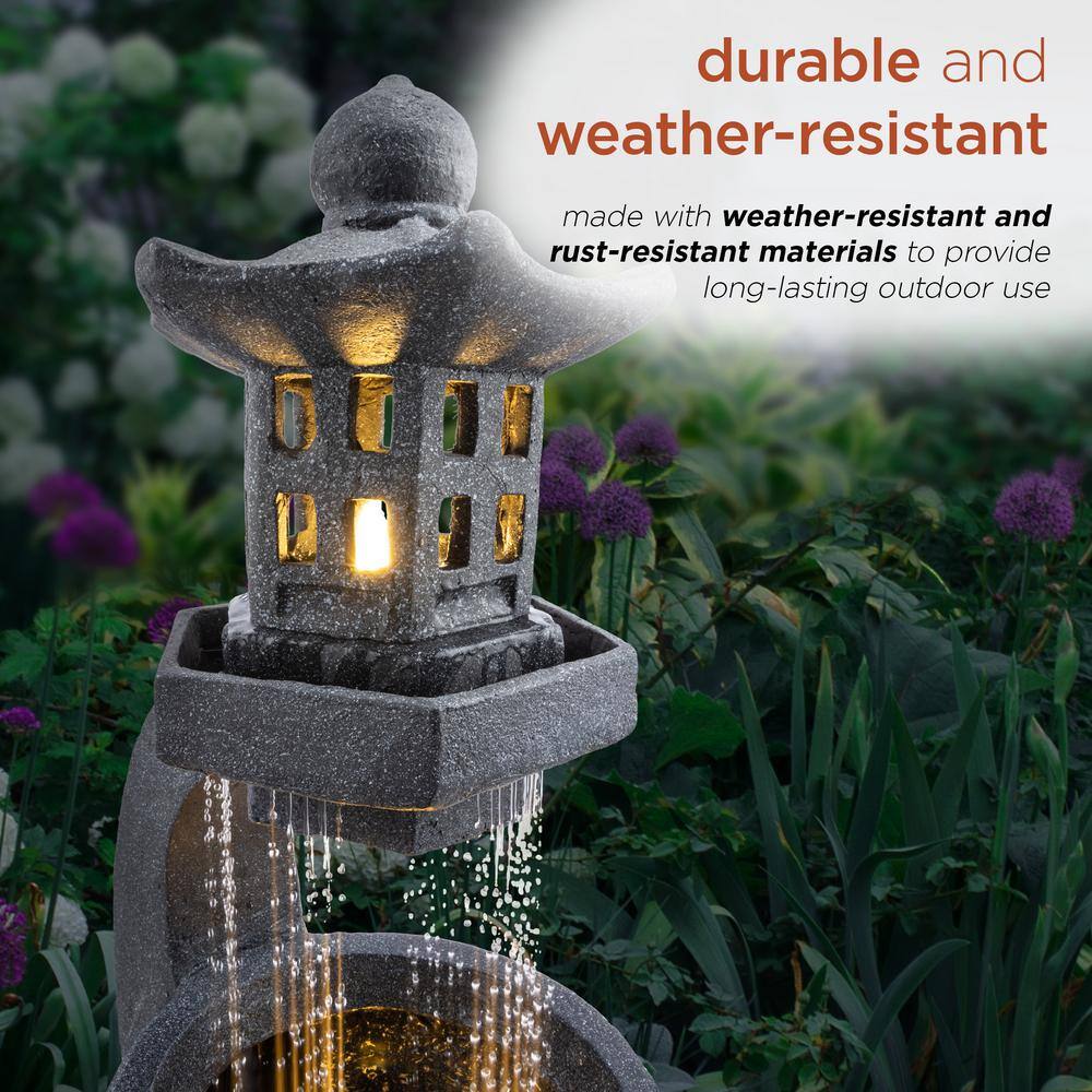 Gray Cement Zen Pagoda Fountain with LED Lights, 31"
