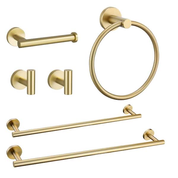 6-Piece Wall Mount Stainless Steel Bathroom Towel Rack Set in Brushed Gold
