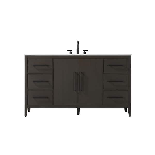 60 in. Single Sink Mocha Brown Bath Vanity with White Engineered Marble Top