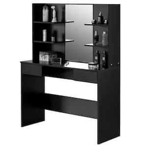 Black Modern Wooden Dressing Table with Drawer Mirror and Shelves for The Dining Room Entryway and Bedroom