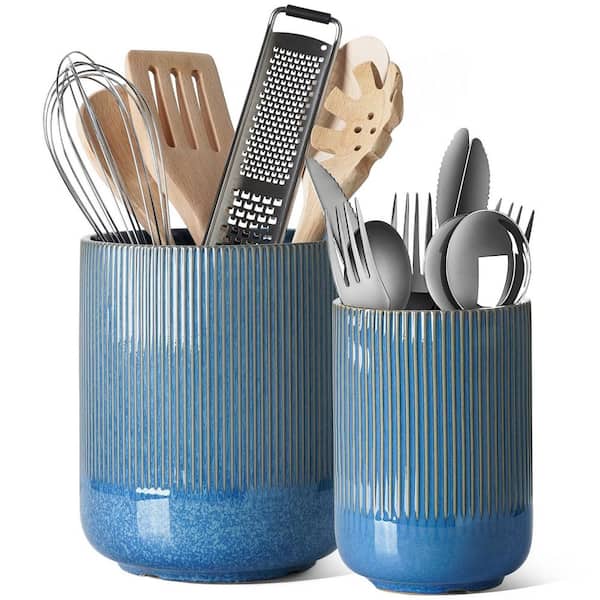Blue Ceramic Kitchen Utensil Holder for Countertop, Large Cooking Utensil Crocks for Kitchen Counter Decor