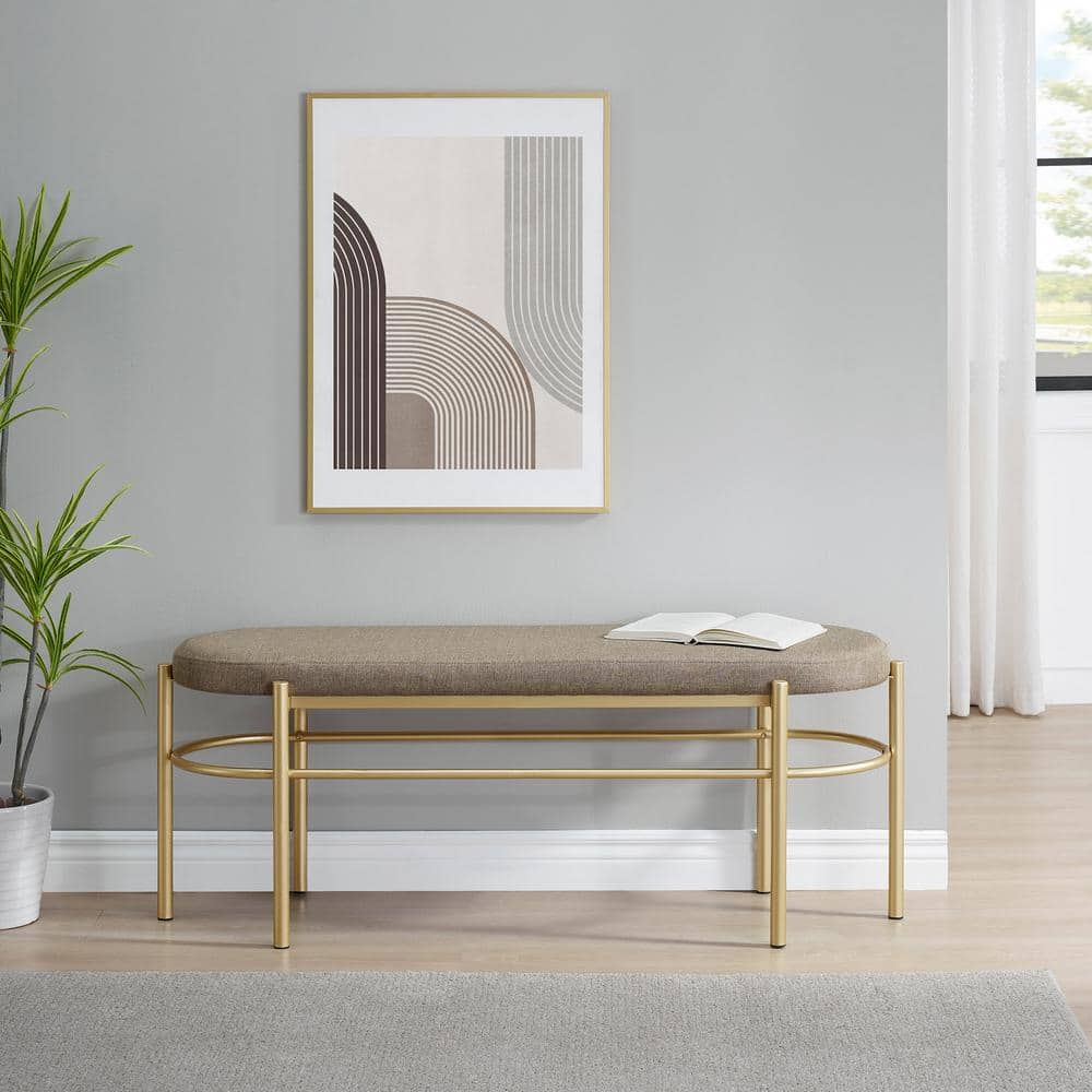 Taupe Upholstered Oval Entry Bench with Gold Frame, 48 Inch