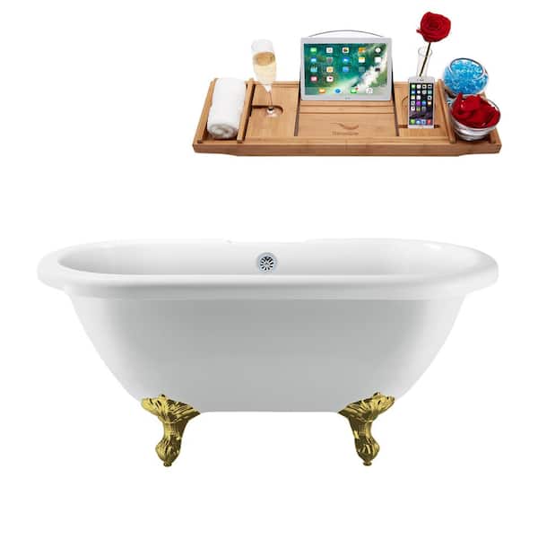 Streamline 67 in. Acrylic Clawfoot Non-Whirlpool Bathtub in Glossy White With Brushed Gold Clawfeet And Polished Chrome Drain