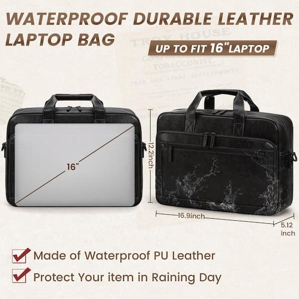 Numhew Vintage Black PU Leather Laptop Briefcase, Waterproof