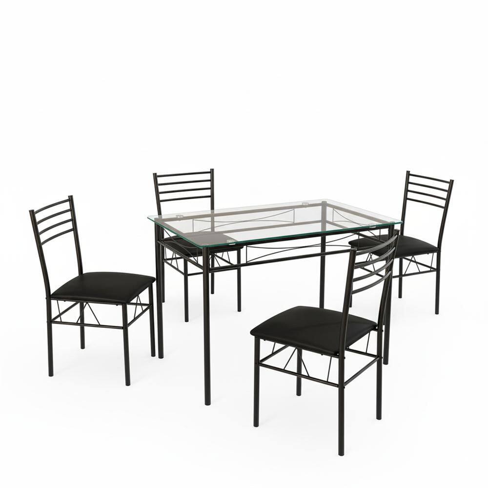 5-Piece Dining Table Set, Space-Saving Modern Rectangular Kitchen Table with Tempered Glass Top & 4 Upholstered Chairs