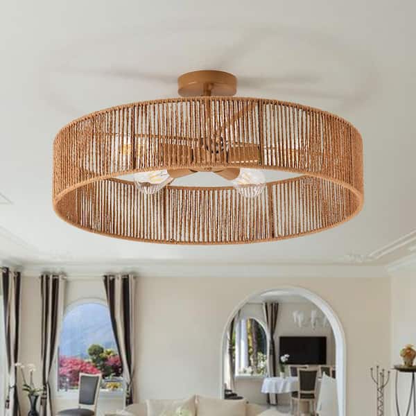 24 in.5-Lights Semi Flush Mount Boho Rustic Drum Light Ceiling Light with Rattan for Kitchen Dining Room Foyer Entryway.