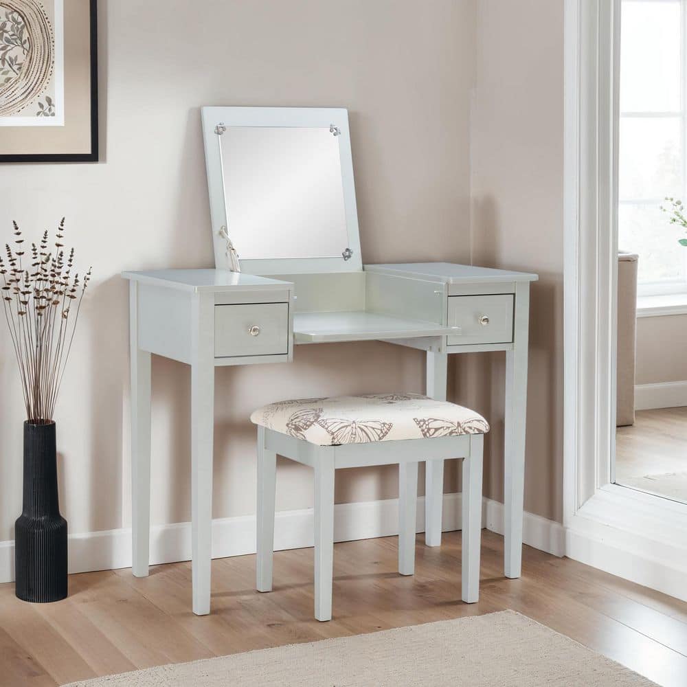 Silver Butterfly 39" Vanity Set with Padded Stool and Flip Top Mirror