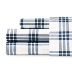 Basic Plaid 4-Piece Navy Blue 200-Thread Count Cotton Percale Full Sheet Set