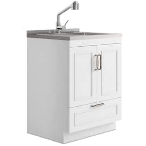 Cardinal Transitional 28 in. Wall Mount Laundry Sink with Cabinet Laundry Cabinet Faucet and Stainless Steel Sink White