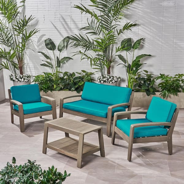 Noble House Grenada Grey 4-Piece Wood Outdoor Patio Conversation Set with Sunbrella Teal Cushions