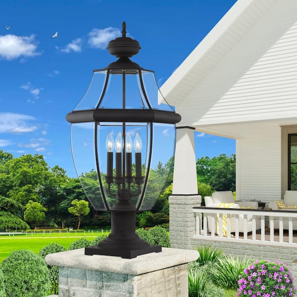 Aston 29 in. 4-Light Black Cast Brass Hardwired Outdoor Rust Resistant Post Light with No Bulbs Included