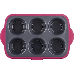 6-Cup Large Silicone Cupcake and Muffin Pan in Grey/Pink with Integrated Steel Structure for Safe Handling