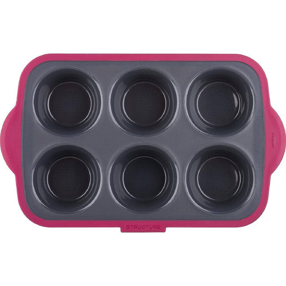 6 Cup Large Silicone Cupcake and Muffin Pan in Grey/Pink with Integrated St