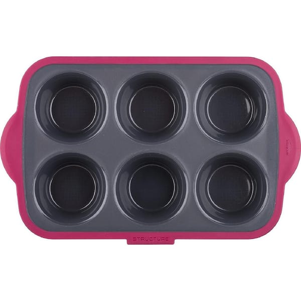 Adrinfly 6 Cup Large Silicone Cupcake and Muffin Pan in Grey/Pink with Integrated Steel Structure For Safe Handling