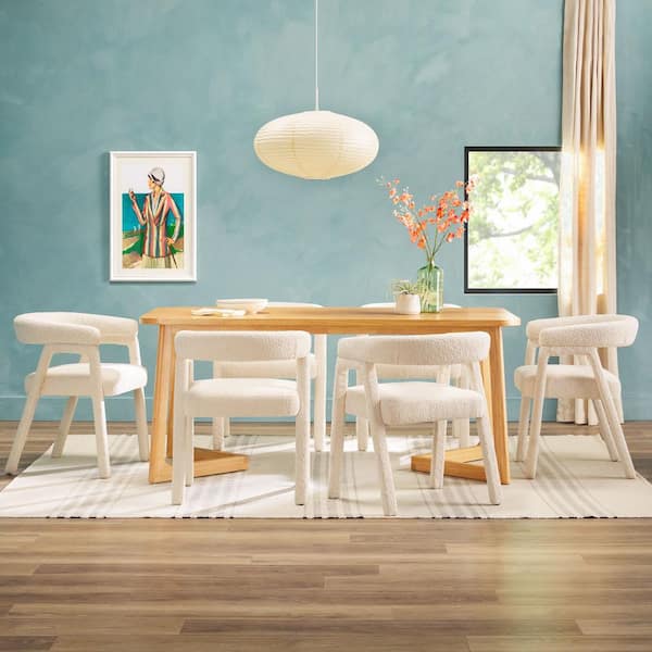 Walker Edison Furniture Company Modern 7-Piece Rectangle Natural Wood Top Dining Room Set with Ivory Boucle Chairs and Solid Wood Features, Seats 6
