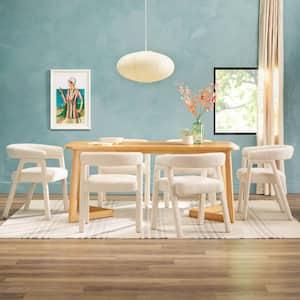 Modern 7-Piece Rectangle Natural Solid Wood Top Dining Room Set with Fully Upholstered Ivory Boucle Chairs, Seats-6