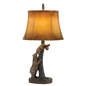 31 in. Bronze Bears After the Honey Table Lamp with Brown Faux Leather Shade