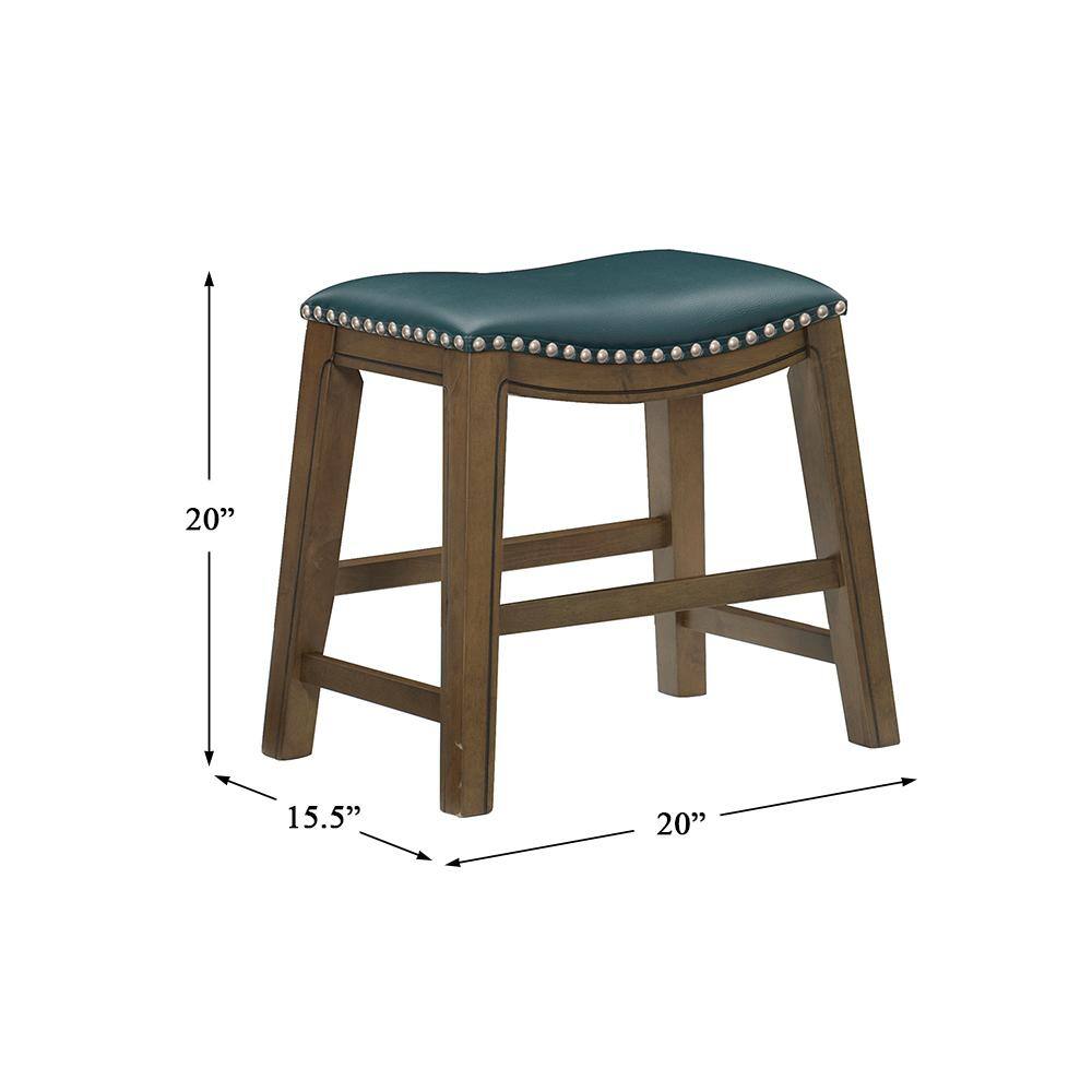 Green Backless Saddle Style Wood and Leather Counter Stool