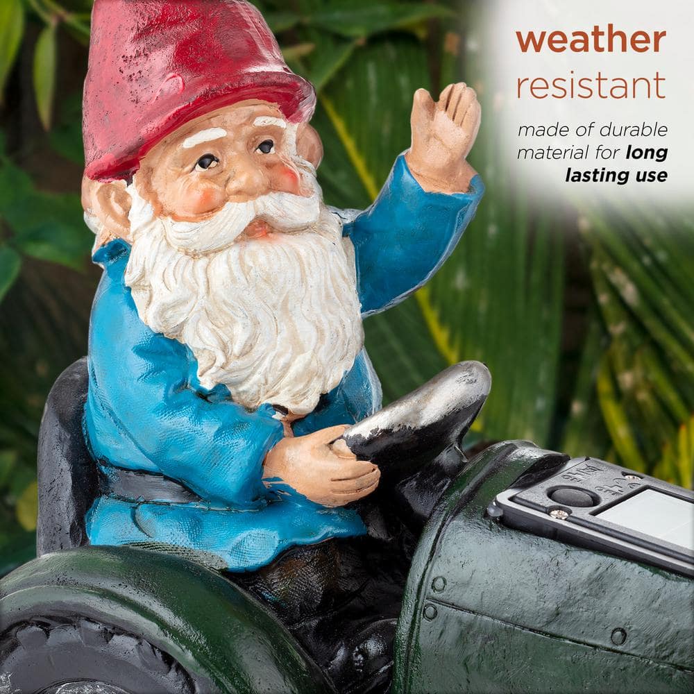 10" Green Polyresin Solar Gnome on Tractor with LED Lights
