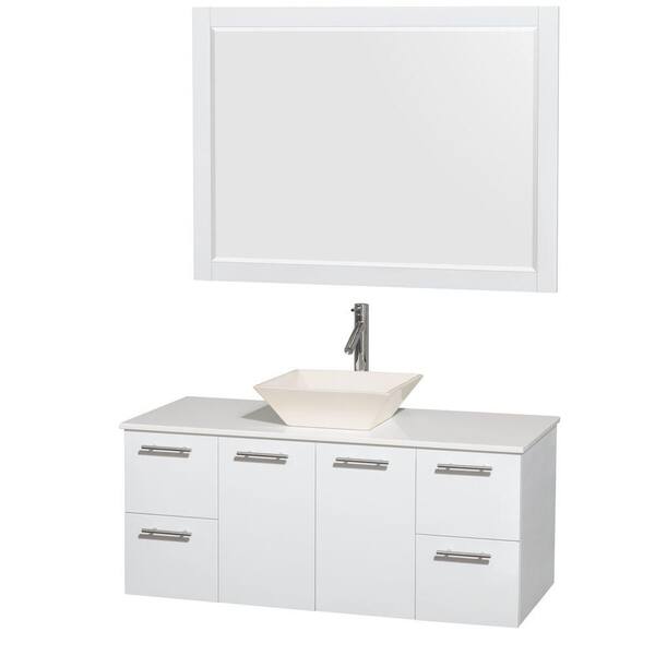 Wyndham Collection Amare 48 in. Vanity in Glossy White with Solid-Surface Vanity Top in White, Porcelain Sink and 46 in. Mirror