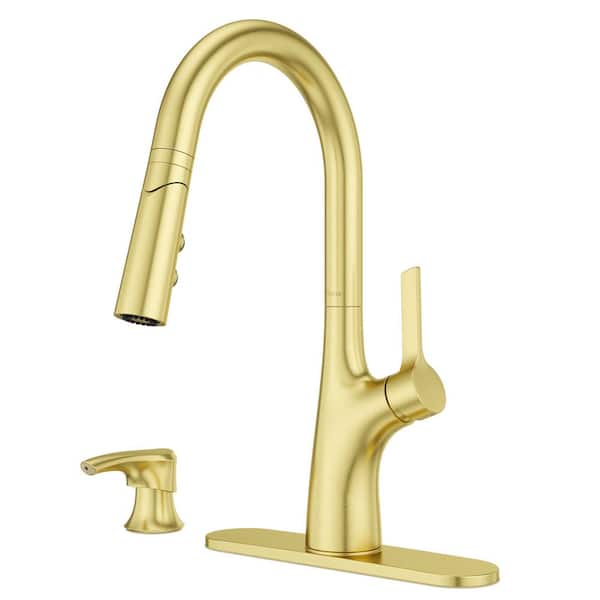 Pfister Ceylon Brushed Gold Single Handle High-Arc Kitchen Faucet with Deck Plate and Soap Dispenser Included