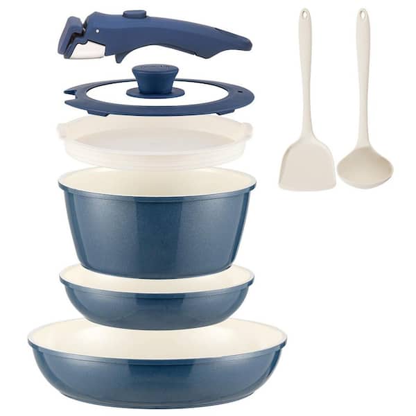 8-Piece Nonstick Aluminum Cookware Set in Blue, Pots and Pans Set Detachable Handle with Frying Pans, Ceramic Coating