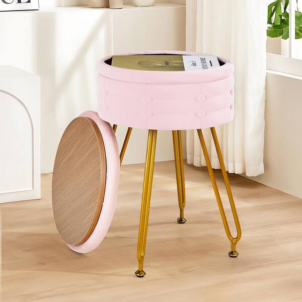 pink stool for dressing table VECELO Vanity Stool with Storage, Pink (Styke 2) Velvet Makeup Chair, Metal Legs, Anti-Slip Feet for Bedroom, Living Room